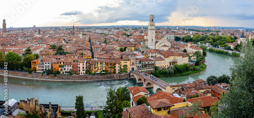 Panoramic from the top of the Castle of Verona, with a view of the roofs and the alleys of the medieval city along the river.