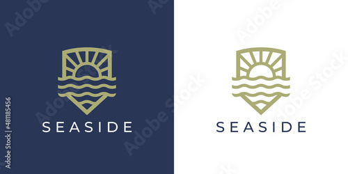 Seaside holiday resort line icon. Gold luxury beach hotel villas logo. Nature sunset boutique spa symbol. Sunshine and sea summer vacation travel emblem. Vector illustration.