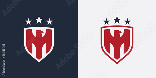 Patriot Eagle shield icon. Abstract United States of America flag symbol with red and blue stars and stripes. Conceptual USA independence badge. Vector illustration.