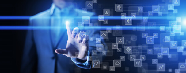 Applications icons on virtual screen, technology, development background concept