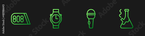 Set line Microphone, Drum machine music, Wrist watch and Glass bong for smoking marijuana. Gradient color icons. Vector