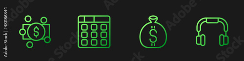 Set line Money bag, Stacks paper money cash, Drum machine music and Headphones. Gradient color icons. Vector