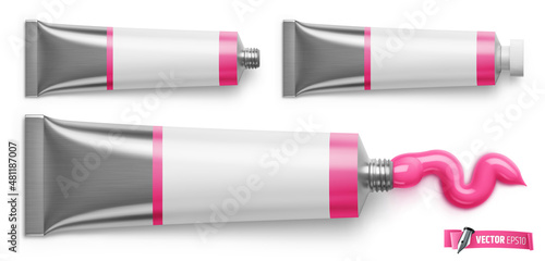 Vector realistic illustration of pink paint tubes on a white background.
