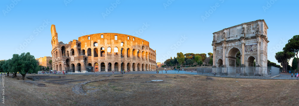 View of the roman colosseum and victory arch, Rome