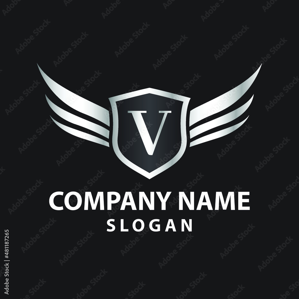 Obraz premium Luxury Letter V Gold Wing with Shield Logo template, Golden Wing Shield Luxury Initial Letter V logo