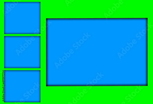 Illustration, A large frame is be deep, empty blue and three small empty blue frames on the left, on green background. photo