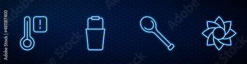 Set line Sauna ladle, thermometer, bucket and Flower. Glowing neon icon on brick wall. Vector