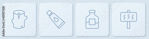 Set line Wooden log, Bottle of vodka, Cream or lotion cosmetic tube and Sauna. White square button. Vector