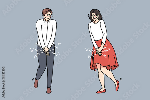 Stressed man and woman feel sick want pee. Anxious guy and girl with full bladder need toilet. Stress and desperation. Healthcare or health problem concept. Flat vector illustration. 