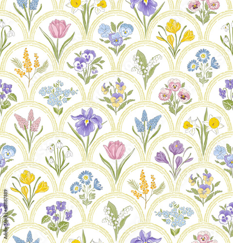 Spring Garden variety flowers in rainbow medallion hand drawn vector seamless pattern. Vintage Romantic Bloom design. Cottage core aesthetic floral print for fabric, scrapbook, wrapping, card making