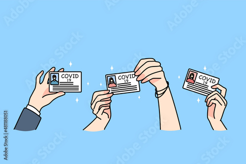 Hands of diverse people show covid-19 vaccination certificates. Men and women demonstrate coronavirus cards, vaccinated against corona virus pandemics. Healthcare concept. Vector illustration. 