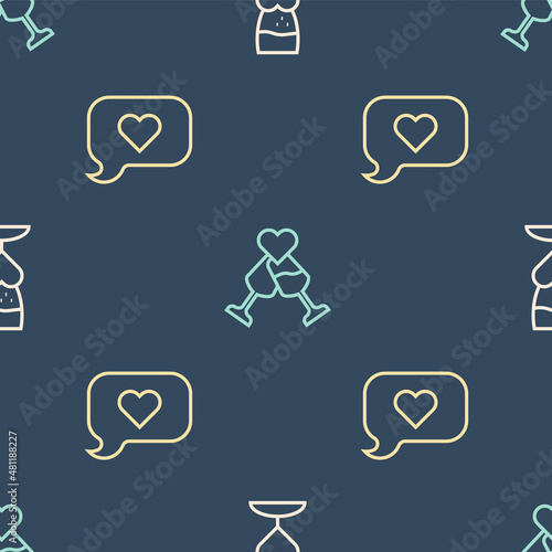 Set line Glass of champagne, Heart in speech bubble and on seamless pattern. Vector