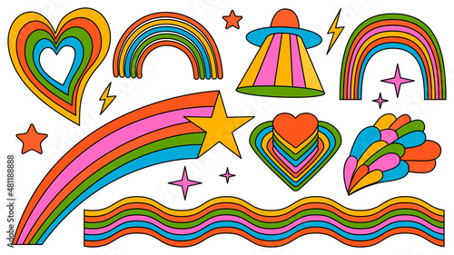 Set of hipster retro cool rainbow psychedelic elements. A collection of groovy cliparts iridescent from the 70s. editable stroke. Abstract design of cartoon stickers. Trend vector illustration