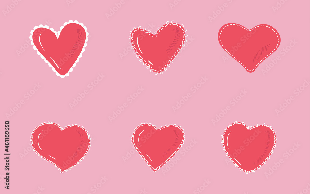 Openwork, fabric heart vector set. Pink paper icon heart, valentine collection.