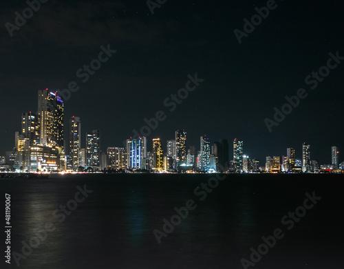 Cartagena, Bocagrande cityscape at night of bustling downtown urban panorama 