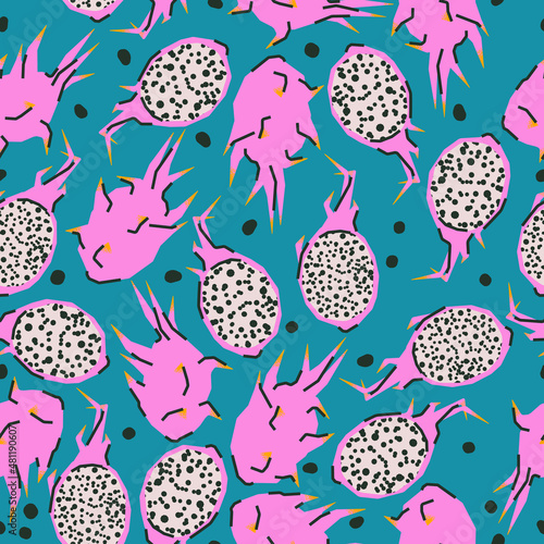 Seamless pattern with dragon fruit, pitaya, pitahaya. Cute, bright vector print, design, background.
