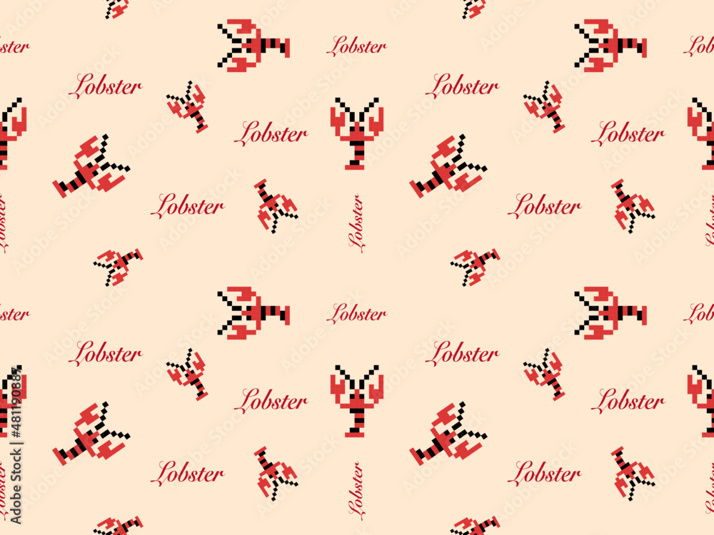 Lobster cartoon character seamless pattern on orange background.Pixel style