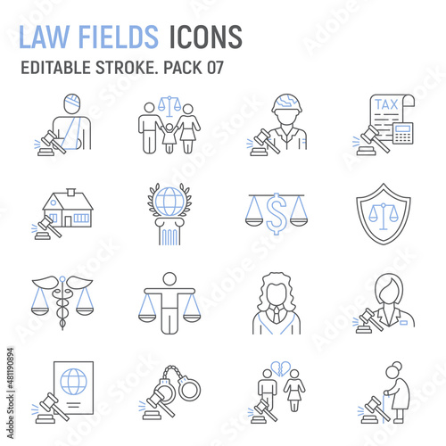 Law Fields line icon set, Fields of Law collection, vector graphics, logo illustrations, law fields vector icons, justice signs, outline pictograms, editable stroke