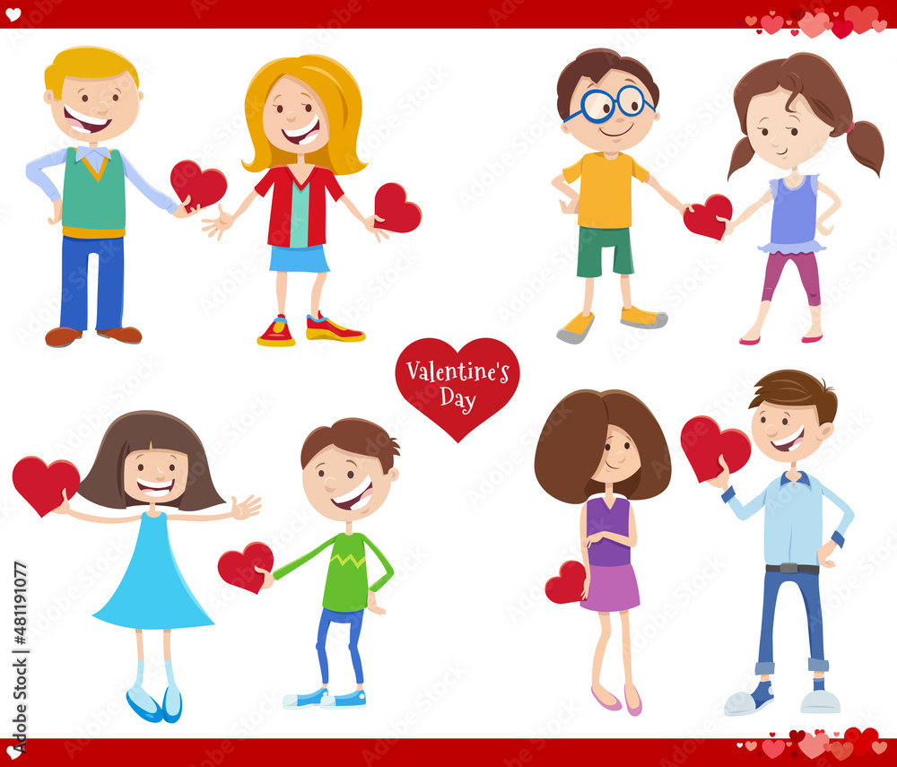 cartoon girls and boys in love with Valentines Day cards set