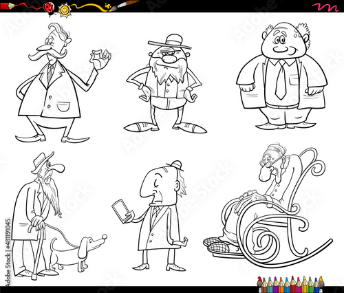 cartoon seniors characters set coloring book page