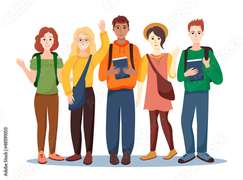 Happy students of different nationalities from different countries. Vector illustration in cartoon style on white background.