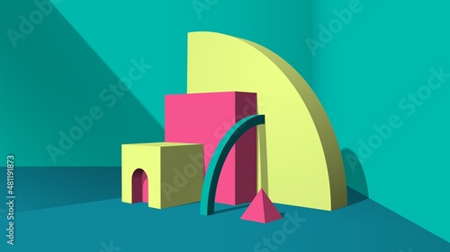 Abstract yellow 3D objects or elements installation in the green room for a booklet of banner.