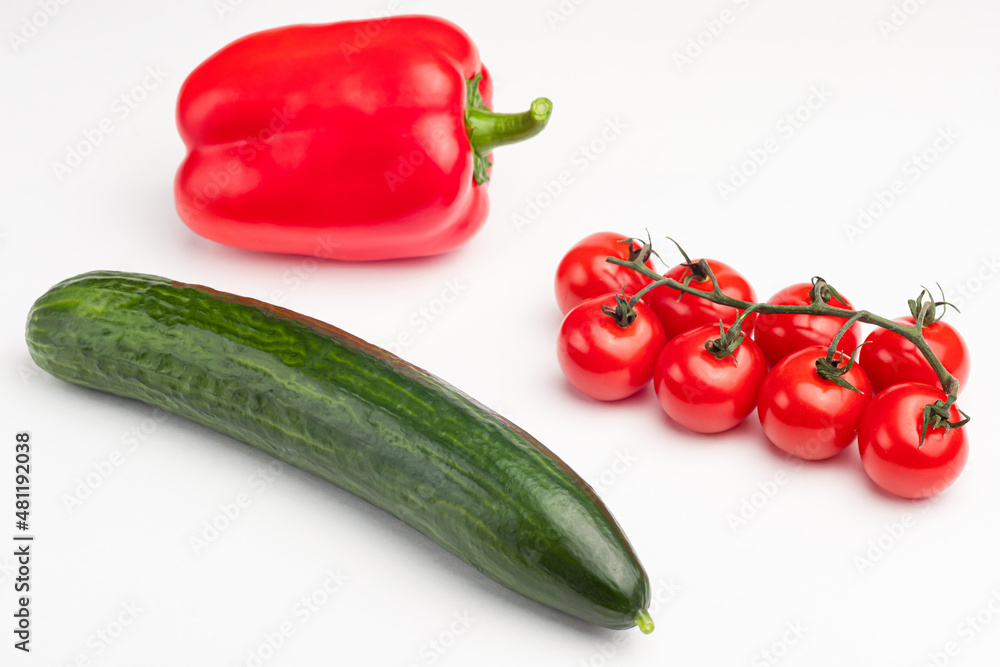 cucumber, sweet pepper, cherry tomatoes on a white background, isolated cucumber, sweet pepper, cherry tomatoes on a white background, isolated