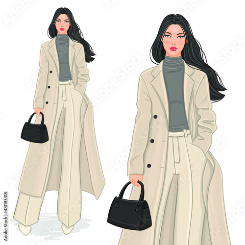 Fashion illustration of a beautiful young woman in a winter outfit.