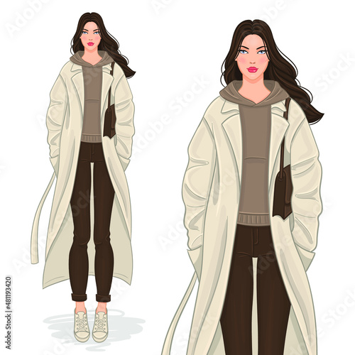 Fashion illustration of a beautiful young woman in a winter outfit.