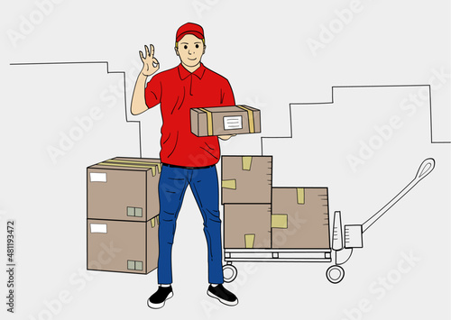 A freight forwarder ready to ship goods with a thumbs up. With piles of packages of goods around him.