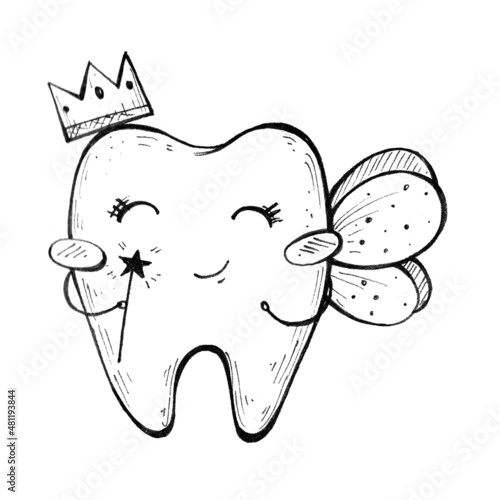 tooth Fairy. doodle illustration of cartoon teeth. cute teeth character. stickers. hand drawing for printing. dentistry icons set