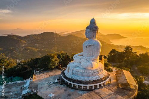 Aerial view of Big Buddha viewpoint at sunset in Phuket province  Thailand