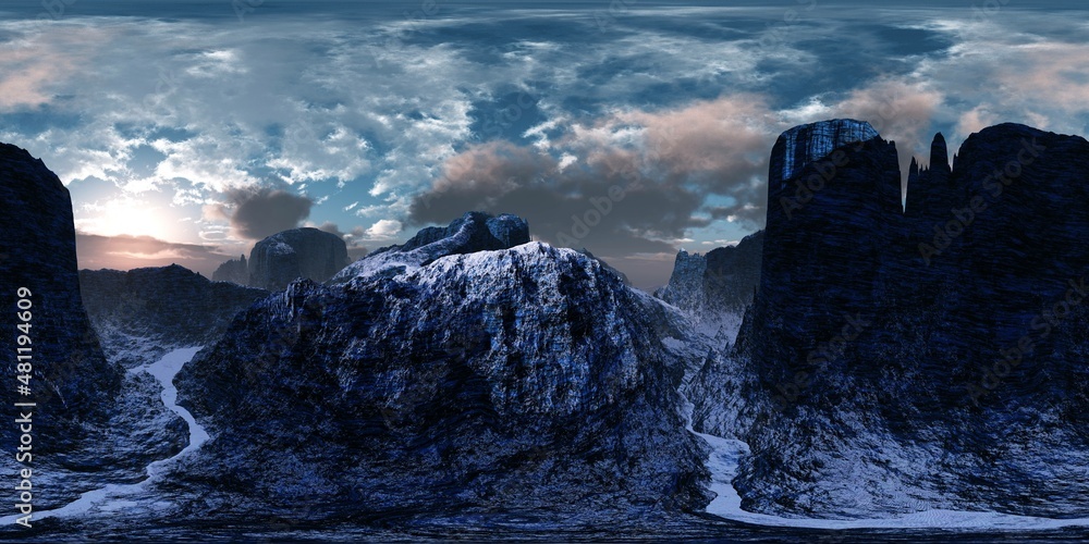 Fototapeta premium Mountain landscape, sunrise in the mountains, HDRI, environment map , Round panorama, spherical panorama, equidistant projection, panorama 360, 3d rendering