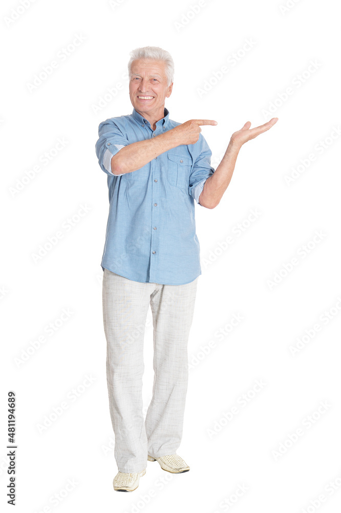 portrait of senior man showing something on white background portrait of senior man showing something on white background