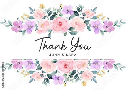 Thank you card with cute pink purple flower watercolor