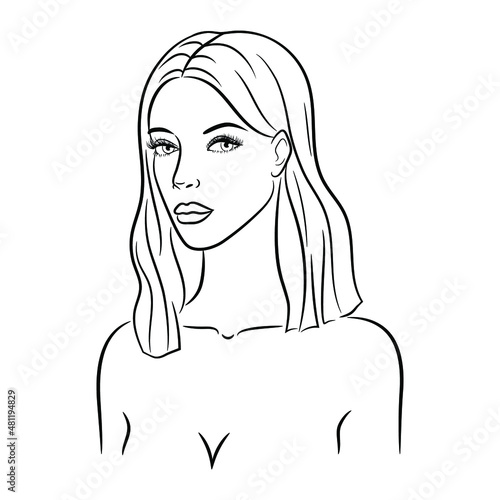 Beautiful fashion woman with stylish hairstyle, isolated on white background, vector sketch illustration. Female line portrait for beauty salon, wellness center, cosmetics, spa 