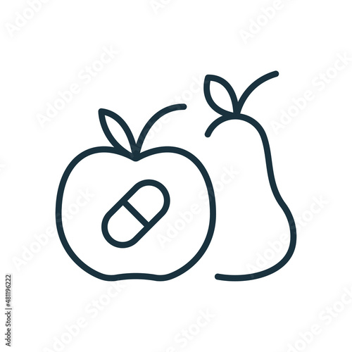 Synthetic Food Line Icon. Additive Table, Pills, Vitamins Artificial Chemical Fruit Concept Linear Pictogram. Unnatural Cultured Nutrition Outline Icon. Editable Stroke. Isolated Vector Illustration