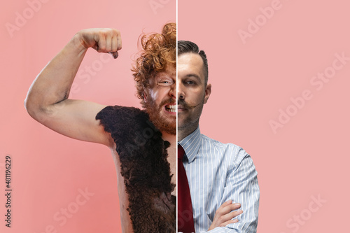 Εκτύπωση καμβά Collage of two men, neanderthal person and businessman, office employee isolated over pink background