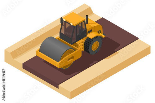 isometric soil compactor heavy machinery flattening a land for construction