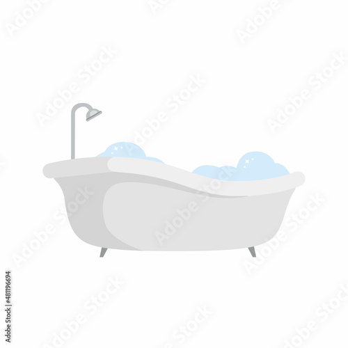 Bathtub isolated on white background. Bathtub with foam bubbles inside. Bath time relax concept. Vector stock