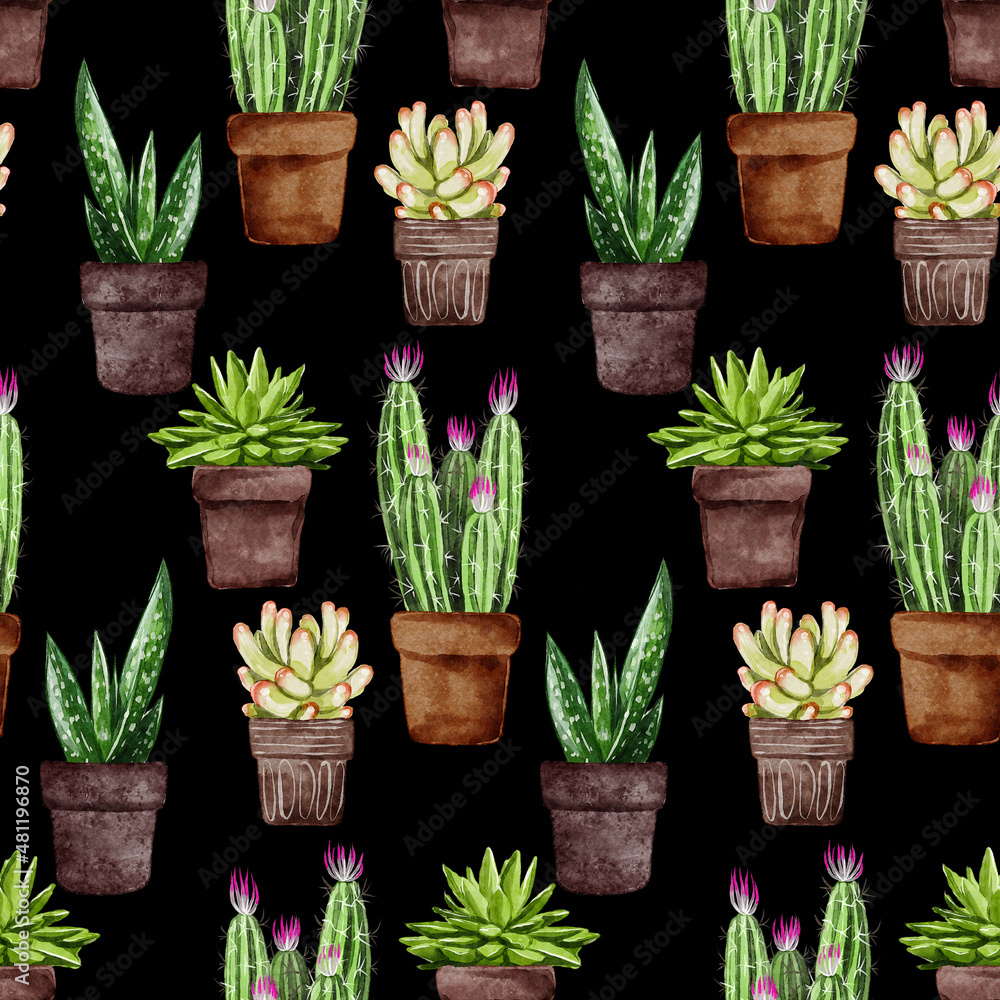 Seamless Watercolor Pattern With Cactus In Ceramic Pot Seamless Watercolor Pattern With Cactus In Ceramic Pot