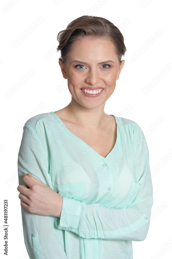 Portrait of beautiful young woman posing on white background Portrait of beautiful young woman posing on white background