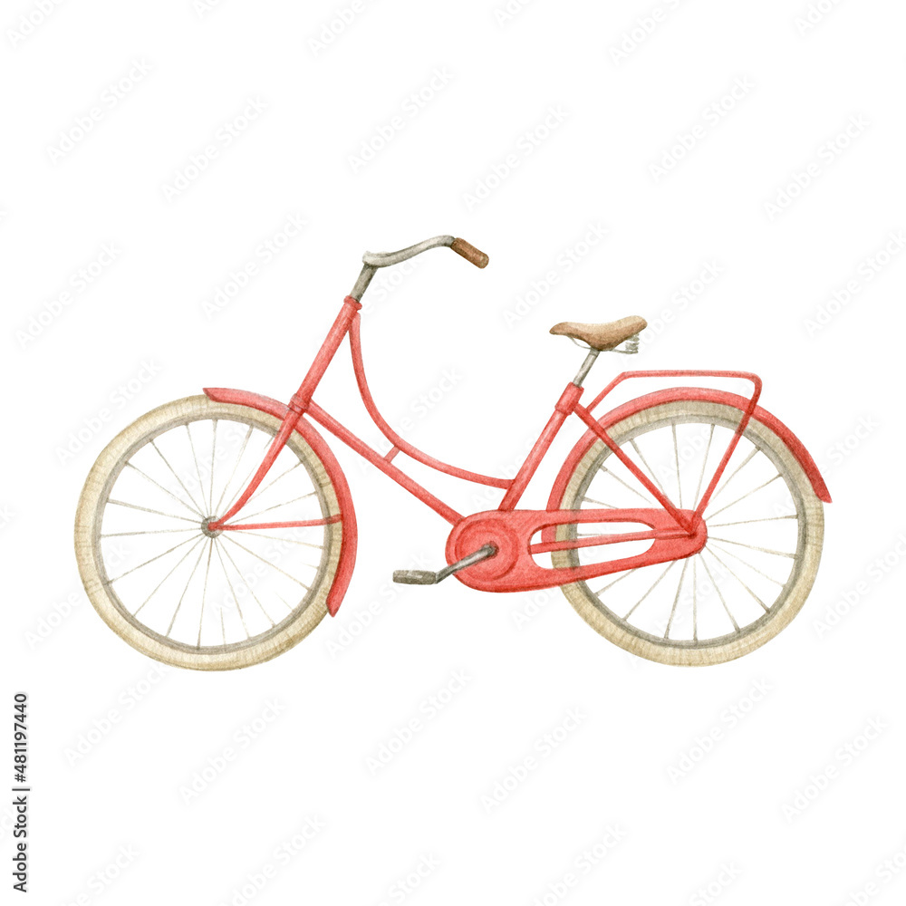 Watercolor red bicycle isolated on white background