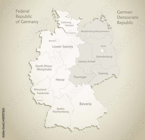 Germany map divided on West and East Germany with regions, and names map, old paper background vector photo