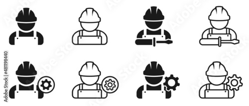 Set of mechanic icon. Male worker person, avatar with hat and work overalls.