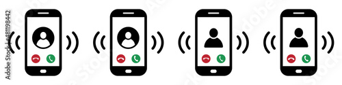 Set of phone call icons. Mobile phone ringing sign, incoming call. Accept button, decline button. Vector.