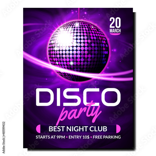 Disco music party poster background Abstract club flyer. Electro disco musicball. realistic vector illustration