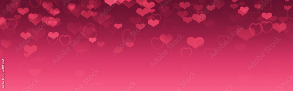 Cute pink Valentine's Day background, falling hearts, blank banner with copy space.