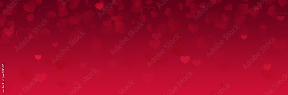 Red Valentine's Day gradient background, falling hearts, blank banner with copy space.