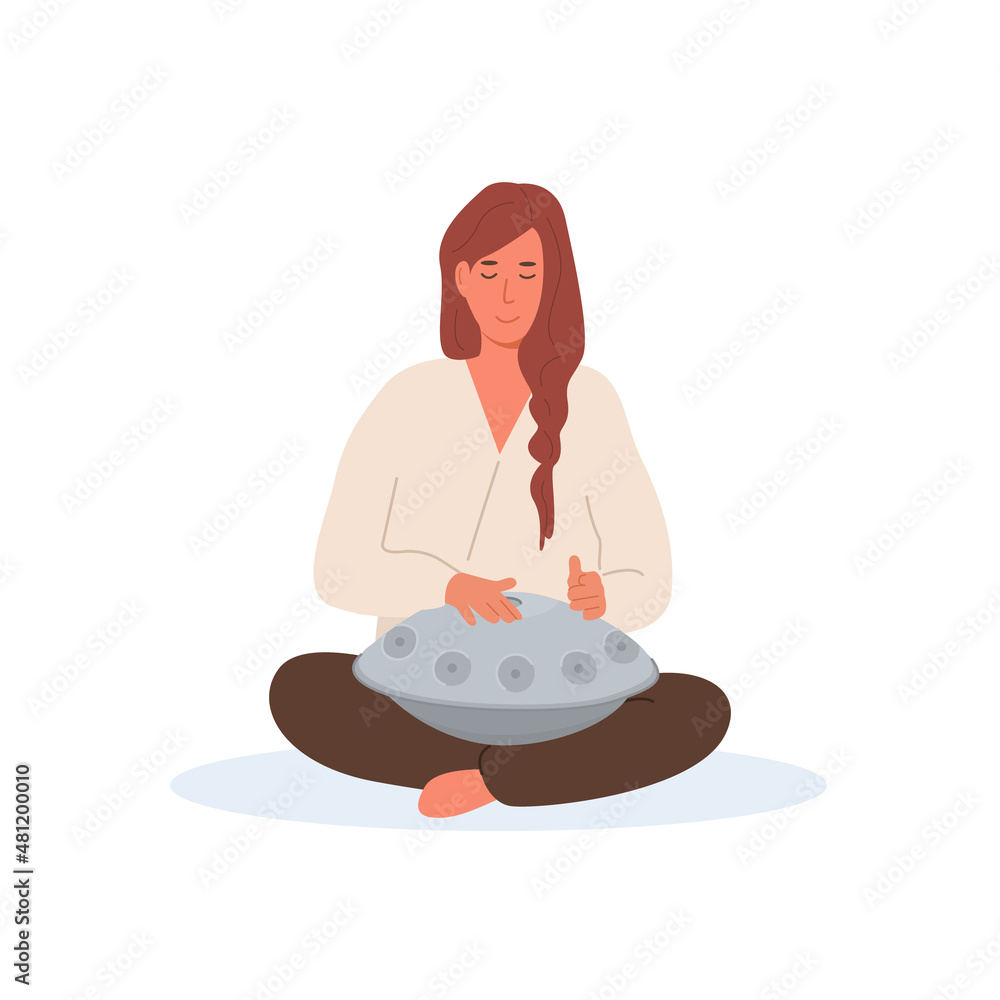 Young girl playing hang drum. Female person with traditional folk handpan  musical instrument. Spiritual women with hand pan percussion music  instrument. Vector character isolated on white background. Stock Vector |  Adobe Stock